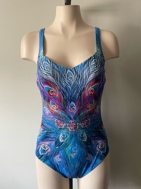 Gottex Peacock Feather One Piece Luxury Swimsuit Boho Designer Swim Size 10